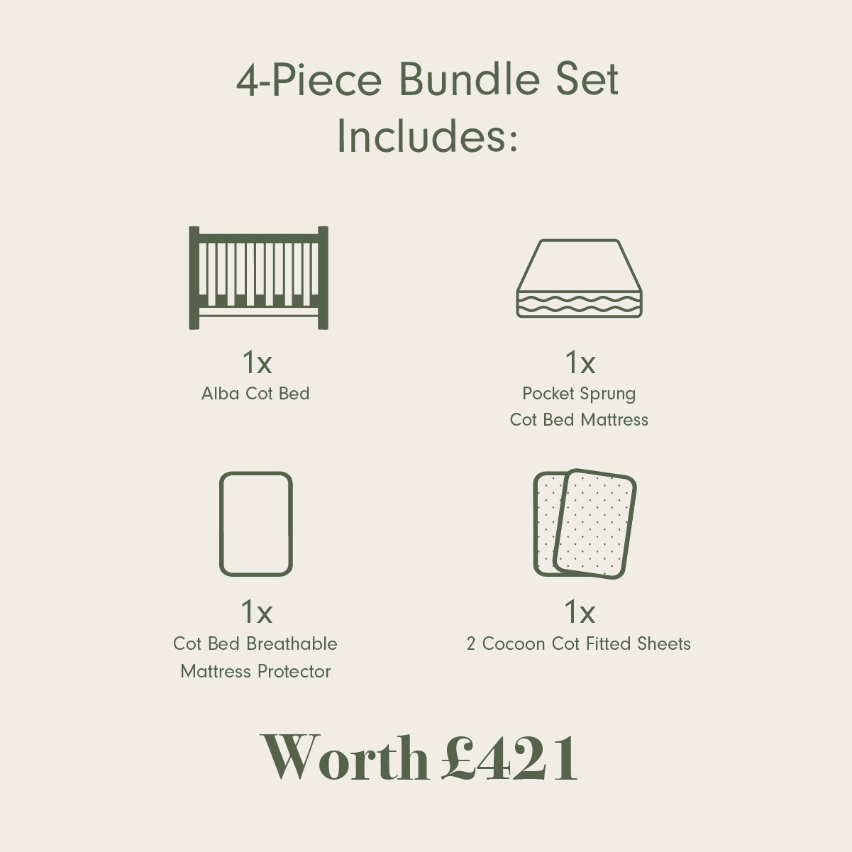 Tutti Bambini Supreme Alba Cot Bed, Mattress & Bedding Bundle - White