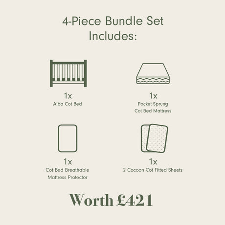 Tutti Bambini Supreme Alba Cot Bed, Mattress & Bedding Bundle - White