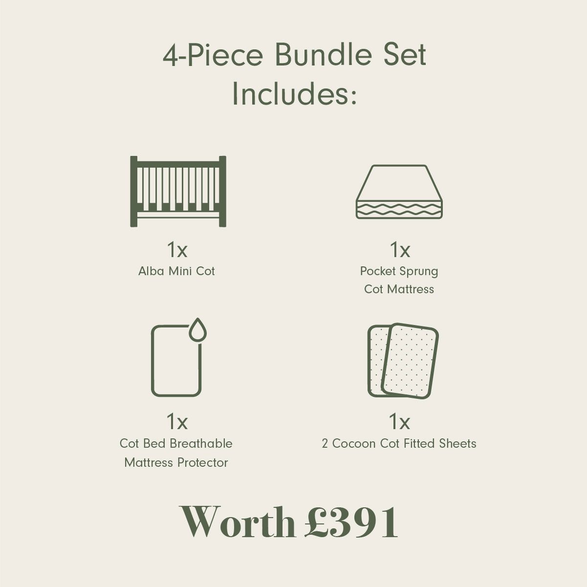 Tutti Bambini Supreme Alba Mini Cot Bed, Mattress & Bedding Bundle - Cocoon