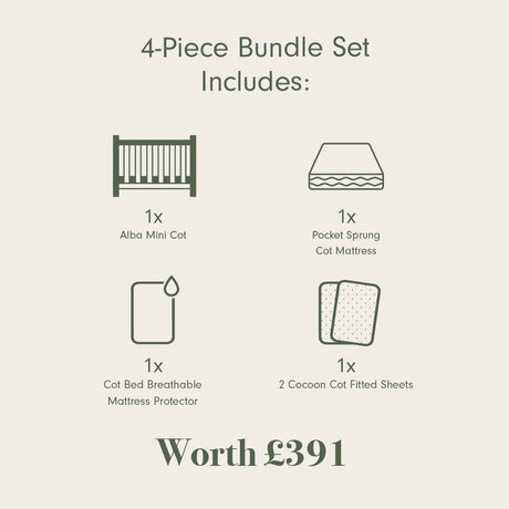 Tutti Bambini Supreme Alba Mini Cot Bed, Mattress & Bedding Bundle - Cocoon