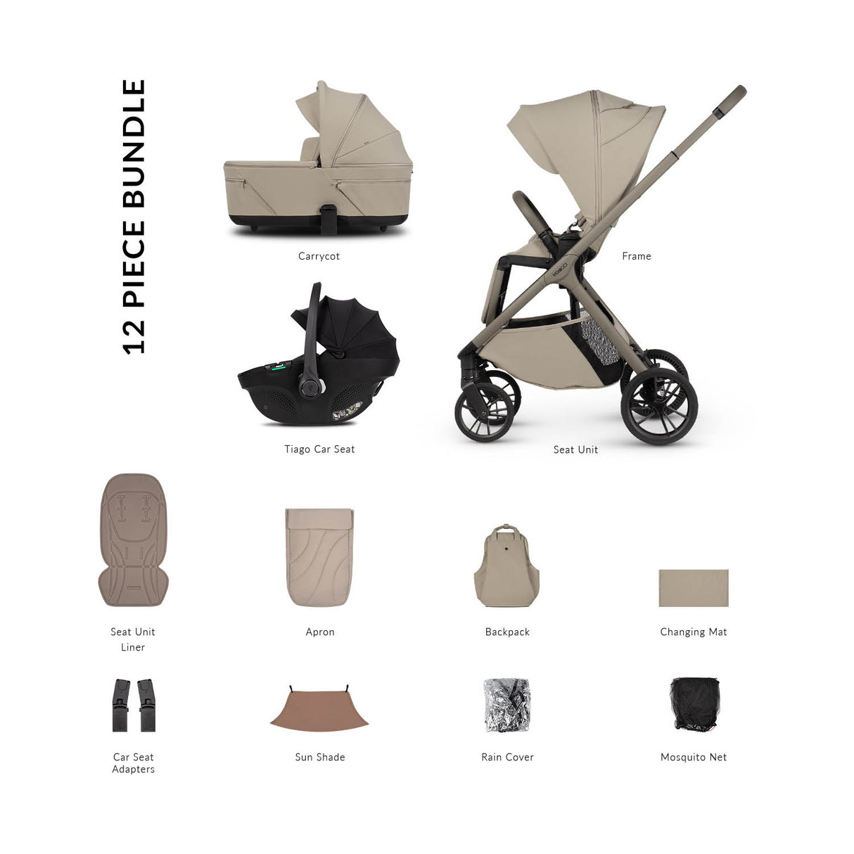 Venicci Tila 12 Piece Comfort 3in1 Tiago Bundle - Latte