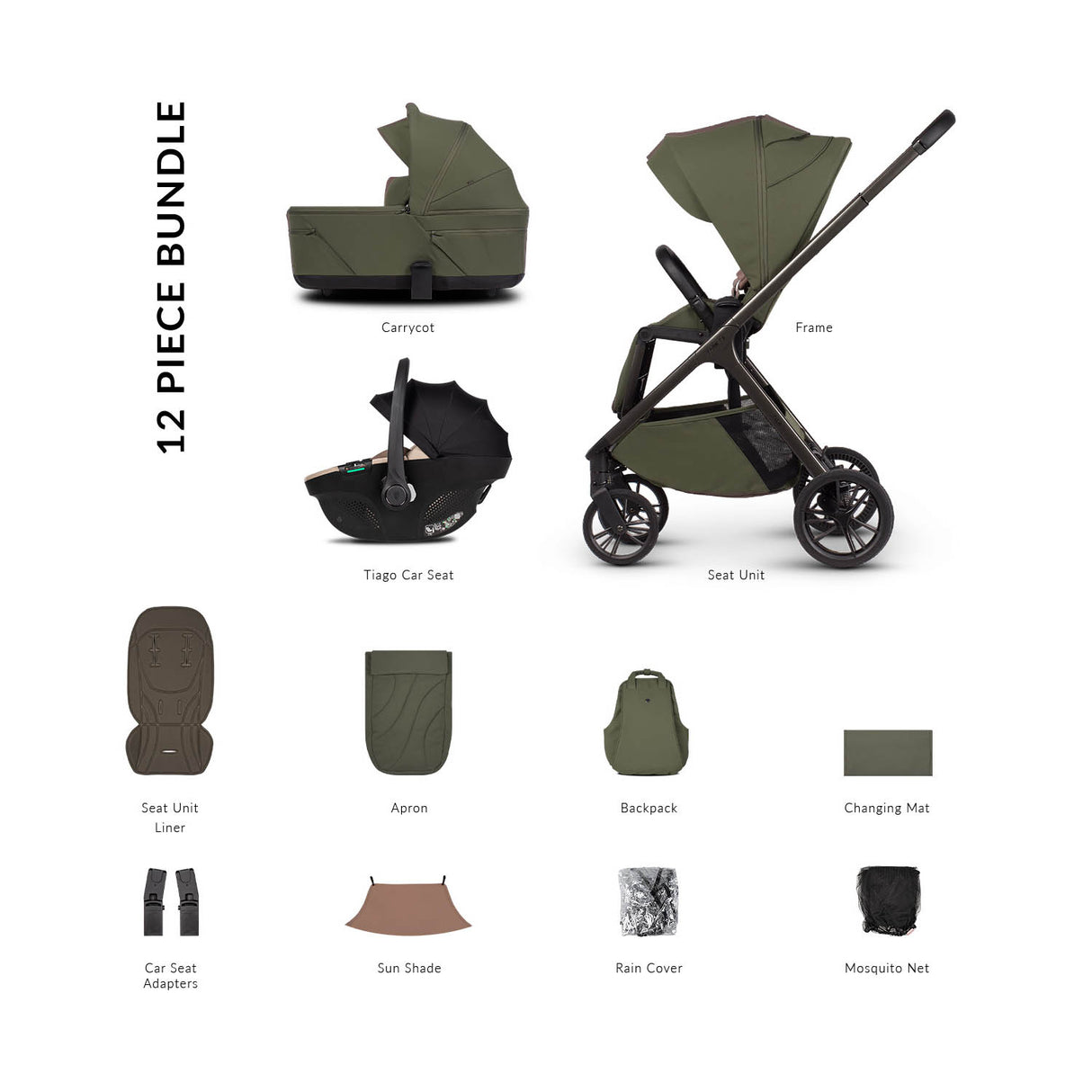 Venicci Tila 12 Piece Comfort 3in1 Tiago Bundle - Olive