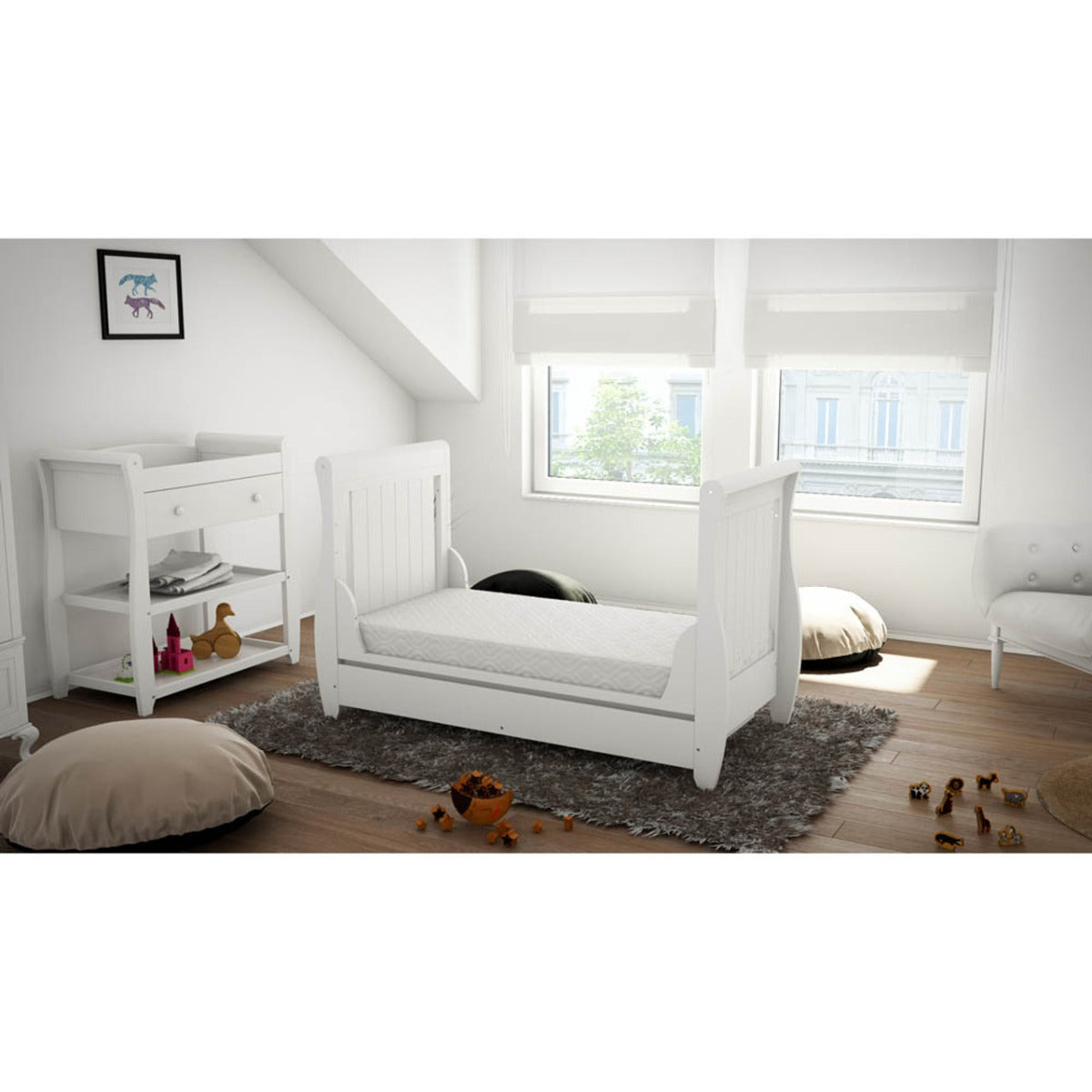 Babymore Stella Sleigh Drop Side Cot Bed - White