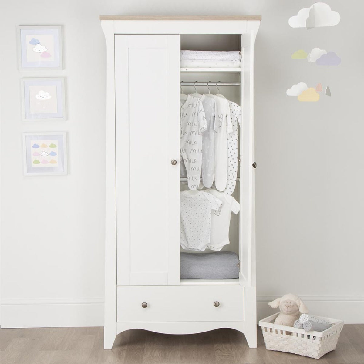 CuddleCo Clara 3 Piece Nursery Furniture Set (Cot Bed, Dresser & Wardrobe) - White and Ash 22