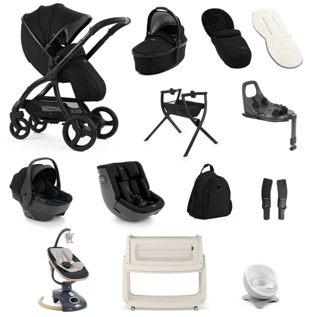 Egg 3 Ultimate Shell 360 Car Seat & Nursery Essentials Bundle - Panther