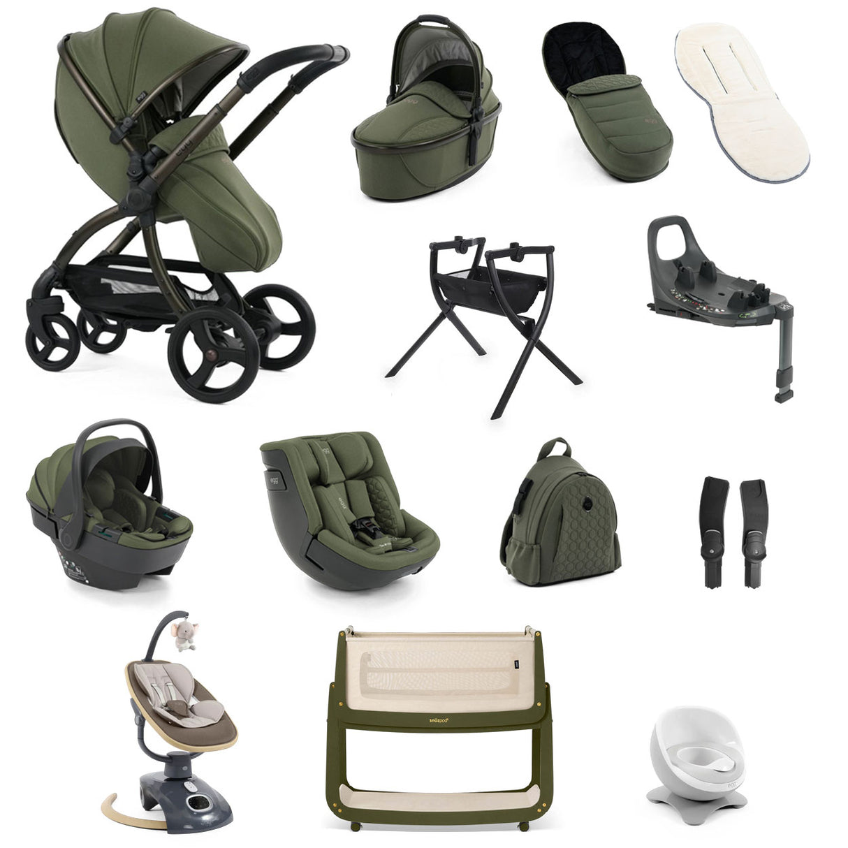 Egg 3 Ultimate Shell 360 Car Seat & Nursery Essentials Bundle - Sage