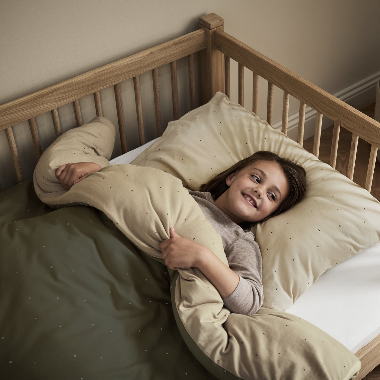 Little Green Sheep Reversible Cot Bed Duvet Cover & Pillow Case Set in Juniper and Linen