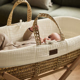 Little Green Sheep Cotton Muslin Moses Basket, Mattress & Natural Foldable Stand Ecru
