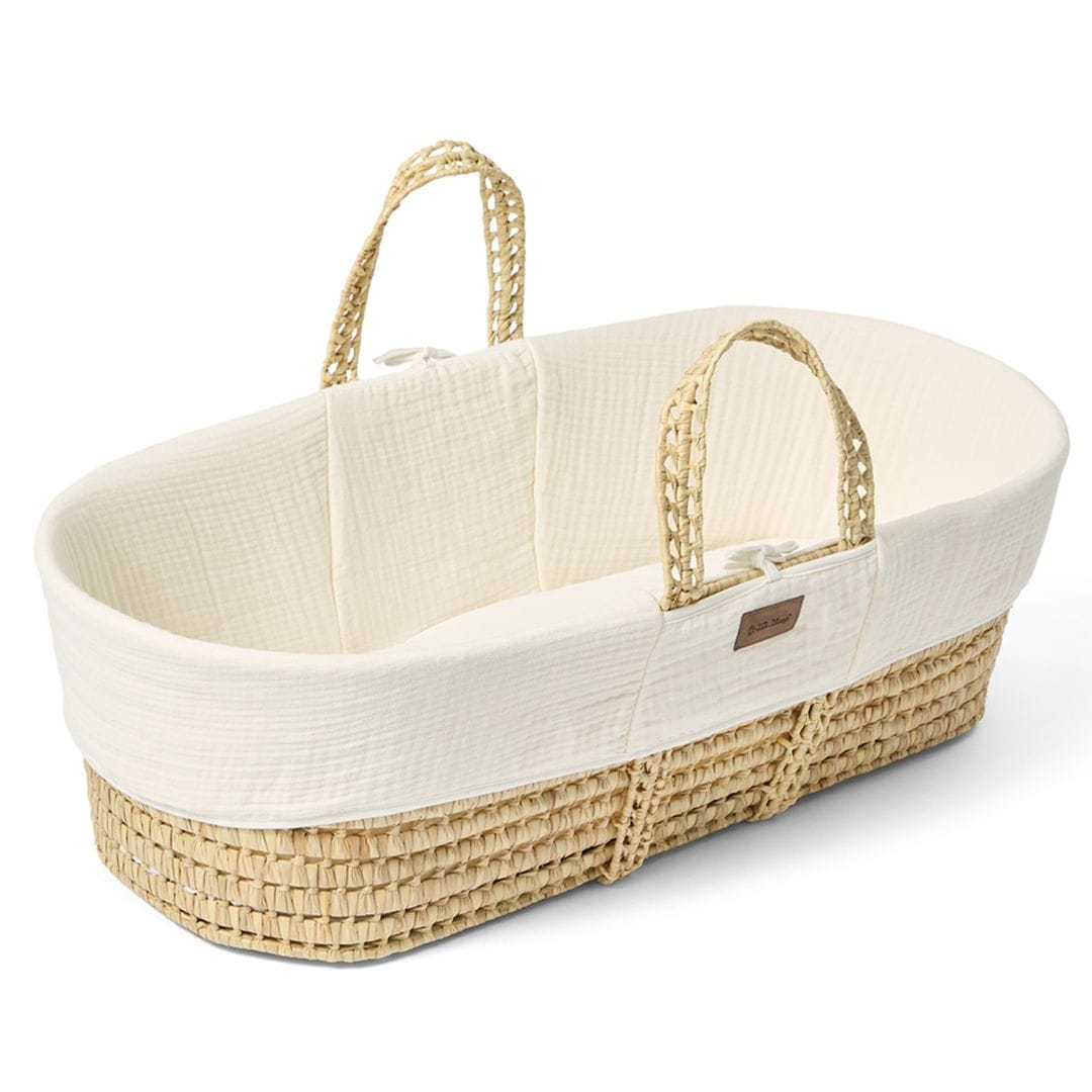 Little Green Sheep Cotton Muslin Moses Basket, Mattress & Natural Foldable Stand Ecru