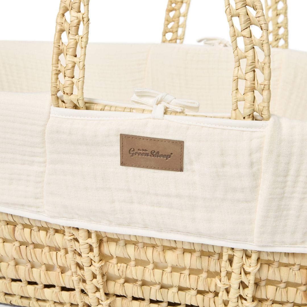 Little Green Sheep Cotton Muslin Moses Basket, Mattress & Natural Foldable Stand Ecru