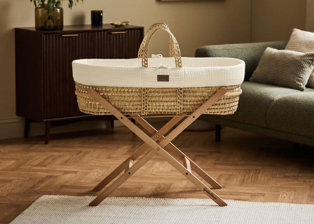 Little Green Sheep Cotton Muslin Moses Basket, Mattress & Natural Foldable Stand Ecru