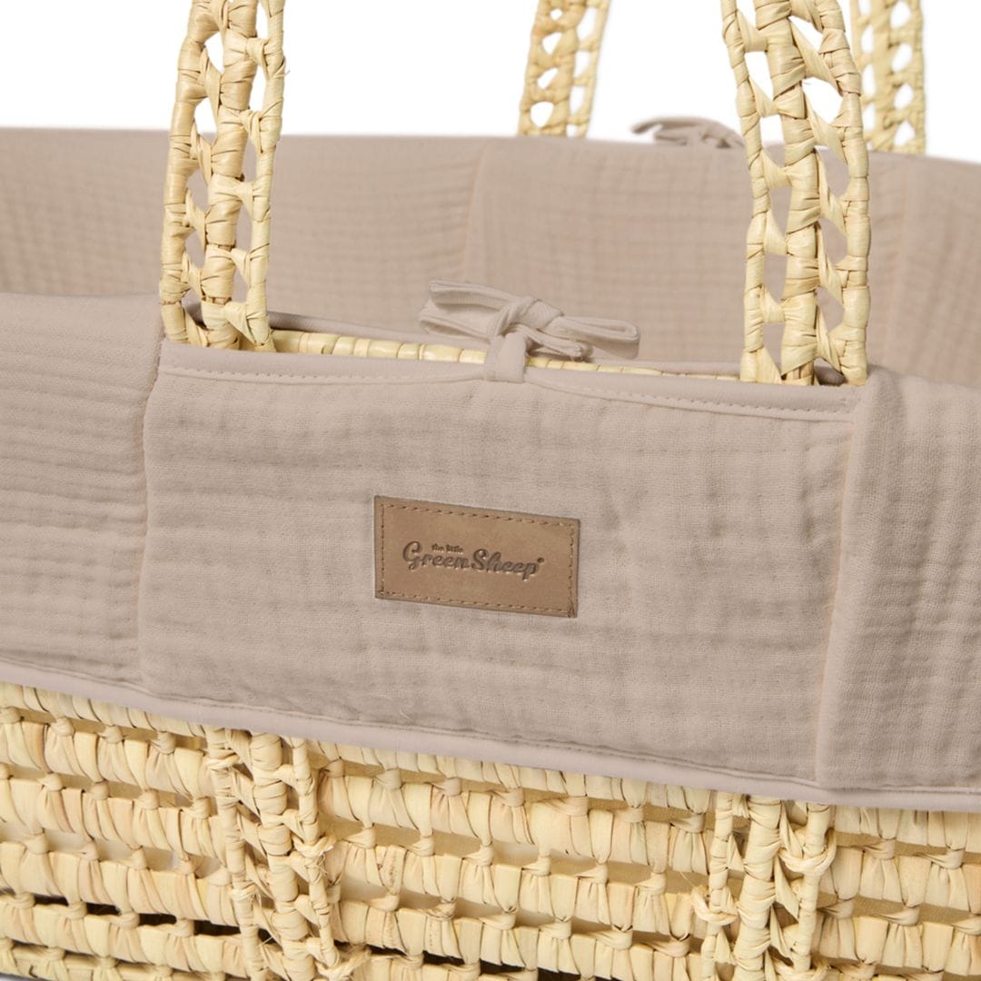 Little Green Sheep Cotton Muslin Moses Basket, Mattress & Walnut Foldable Stand Truffle