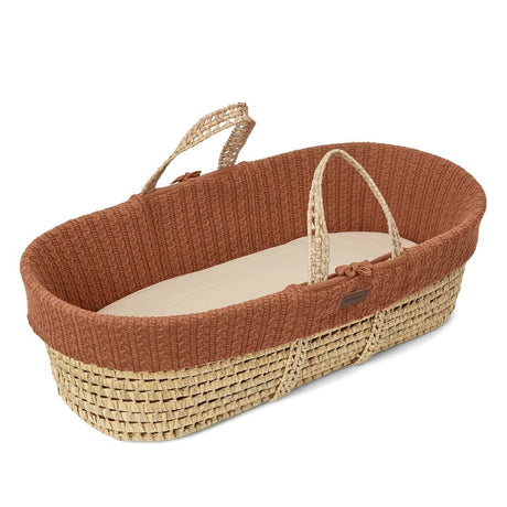 Little Green Sheep Organic Knitted Moses Basket, Mattress & Walnut Foldable Stand Terracotta