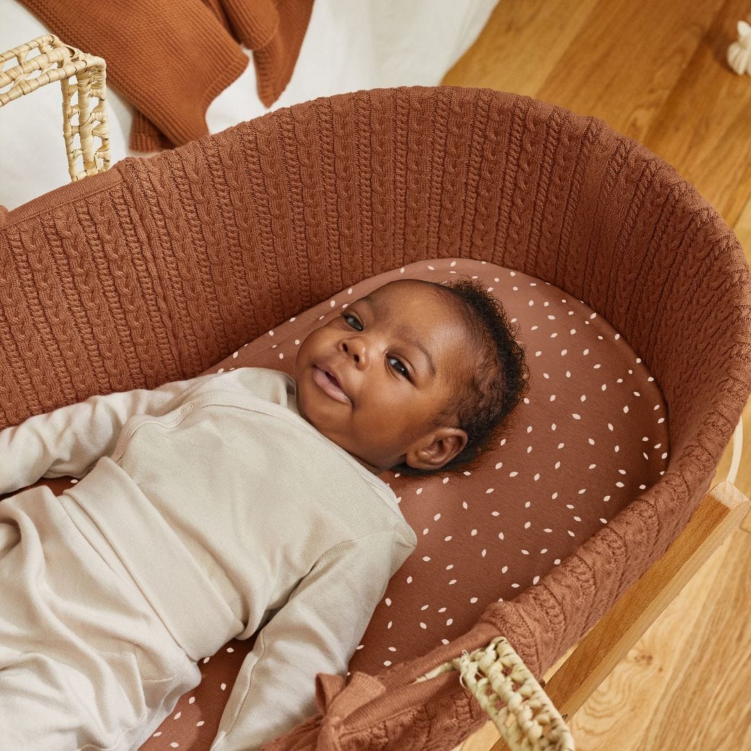 Little Green Sheep Organic Knitted Moses Basket, Mattress & Walnut Rocking Stand Terracotta