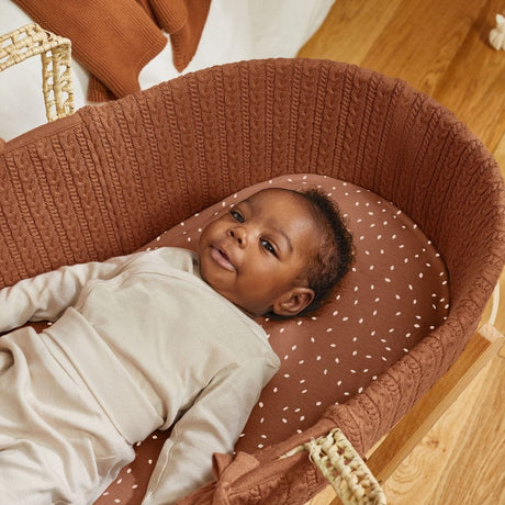 Little Green Sheep Organic Knitted Moses Basket, Mattress & Walnut Rocking Stand Terracotta