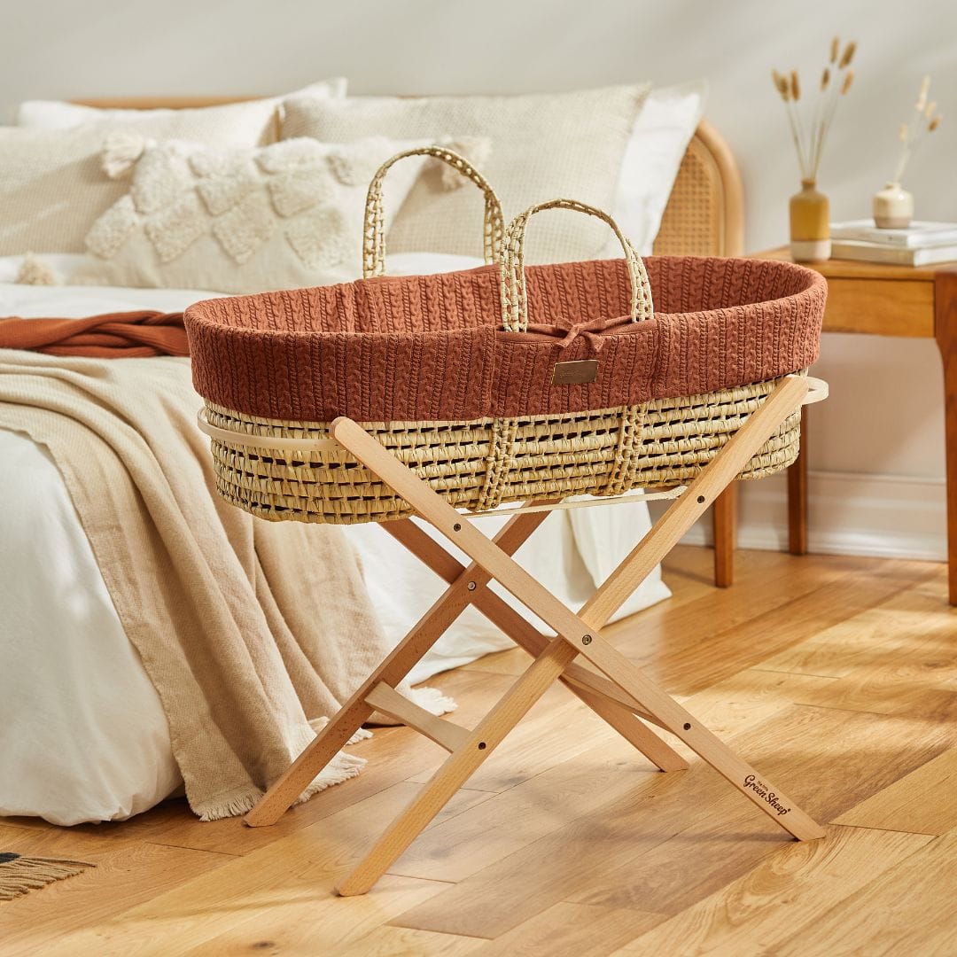 Little Green Sheep Organic Knitted Moses Basket, Mattress & Natural Foldable Stand Terracotta