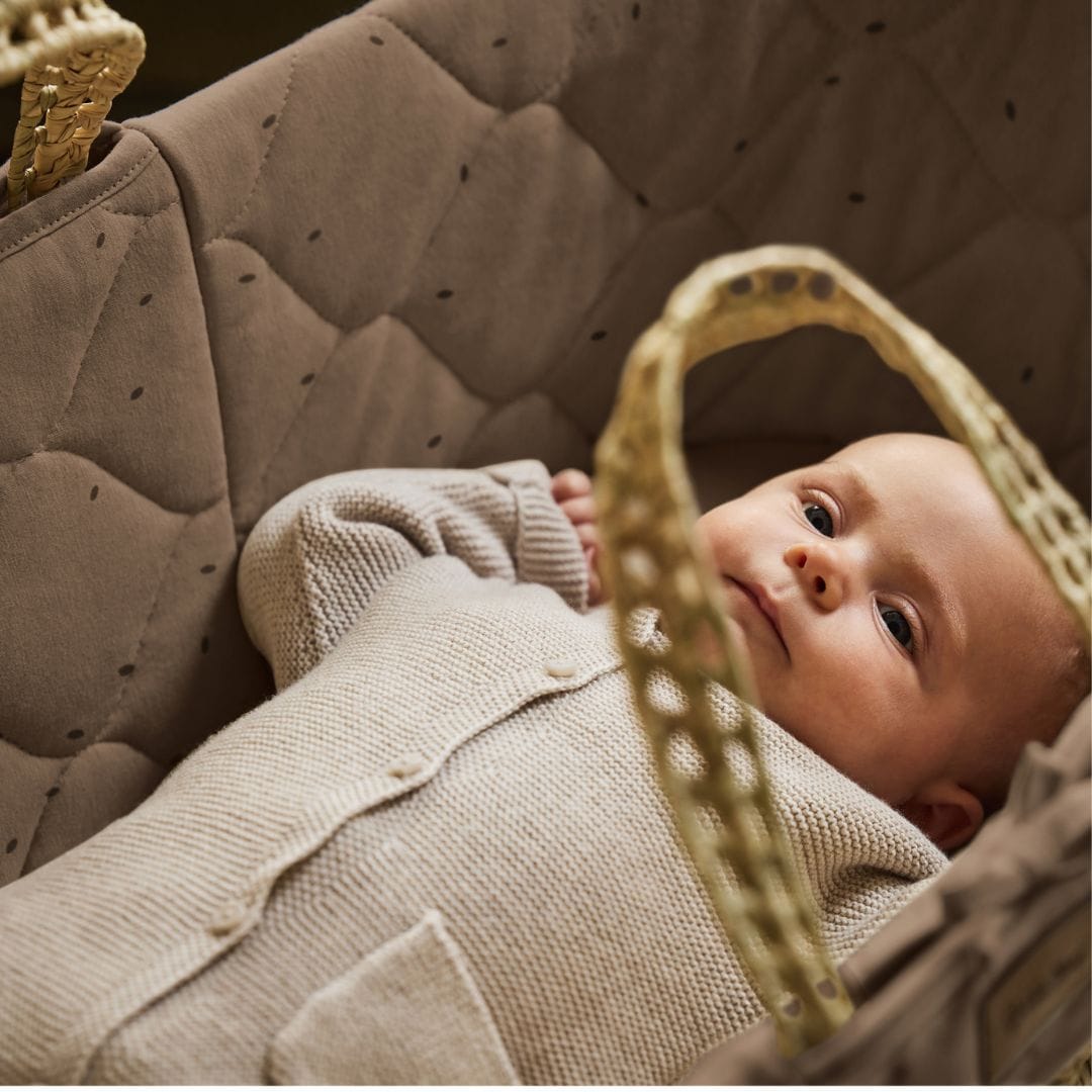 Little Green Sheep Organic Quilt Moses Basket, Mattress & Natural Rocking Stand Cocoa with Ebony Rice