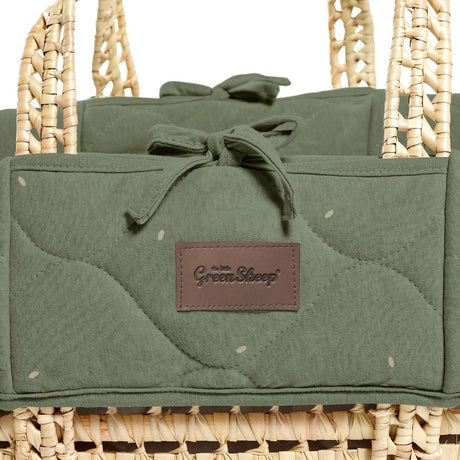 Little Green Sheep Organic Quilt Moses Basket, Mattress & Natural Foldable Stand Juniper with Sage Rice
