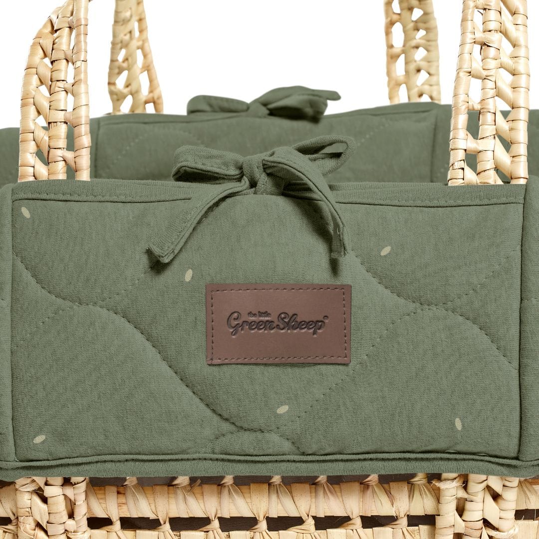 Little Green Sheep Organic Quilt Moses Basket, Mattress & Natural Rocking Stand Juniper with Sage Rice