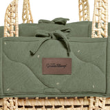 Little Green Sheep Organic Quilt Moses Basket, Mattress & Walnut Foldable Stand Juniper with Sage Rice
