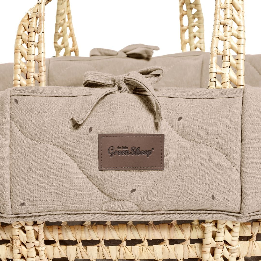 Little Green Sheep Organic Quilt Moses Basket, Mattress & Walnut Foldable Stand Truffle with Cocoa Rice
