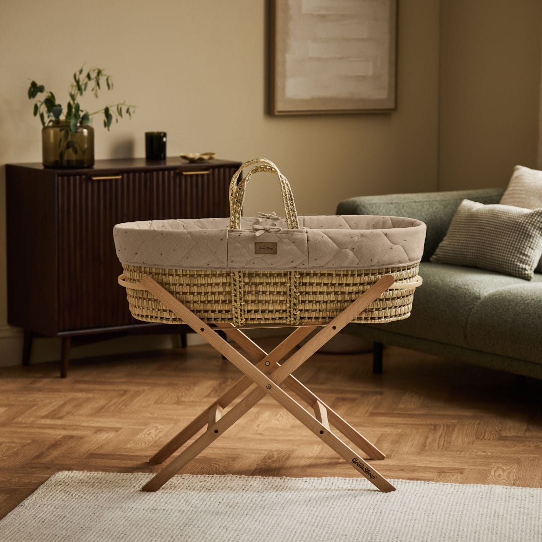 Little Green Sheep Organic Quilt Moses Basket, Mattress & Natural Foldable Stand Truffle with Cocoa Rice