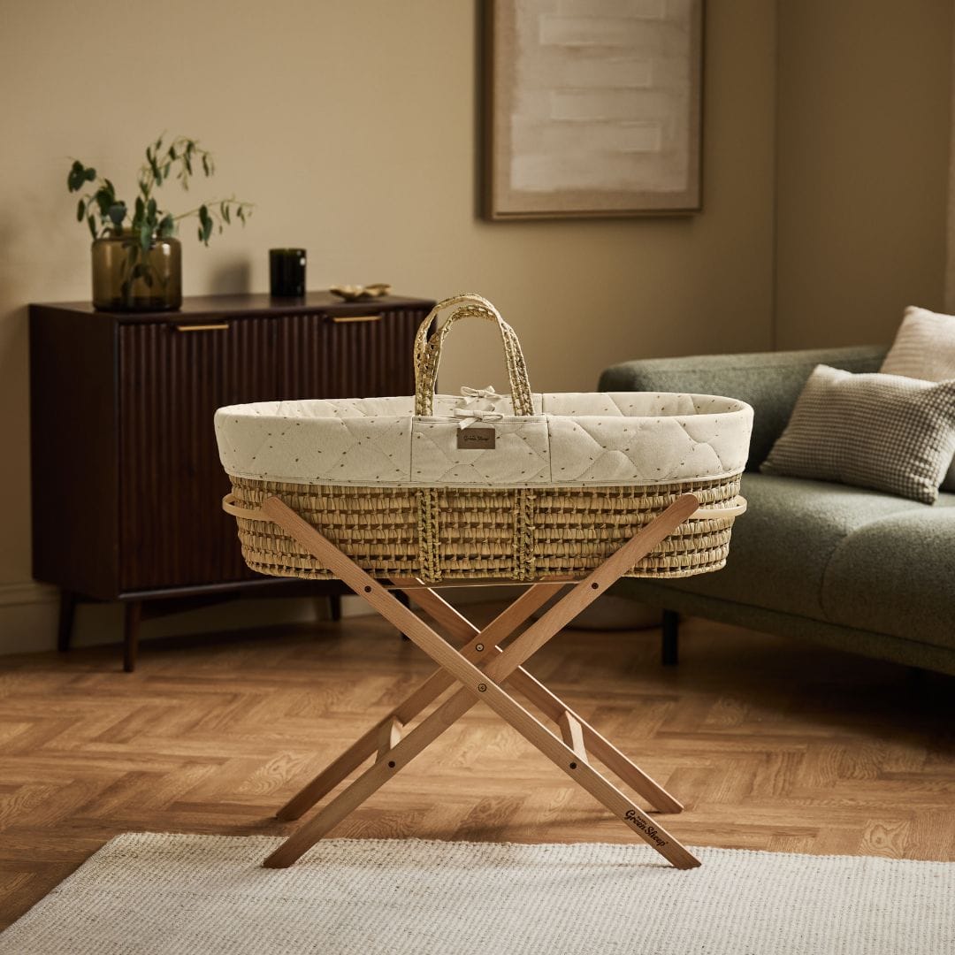 Little Green Sheep Organic Quilt Moses Basket & Mattress Linen with Cocoa Rice