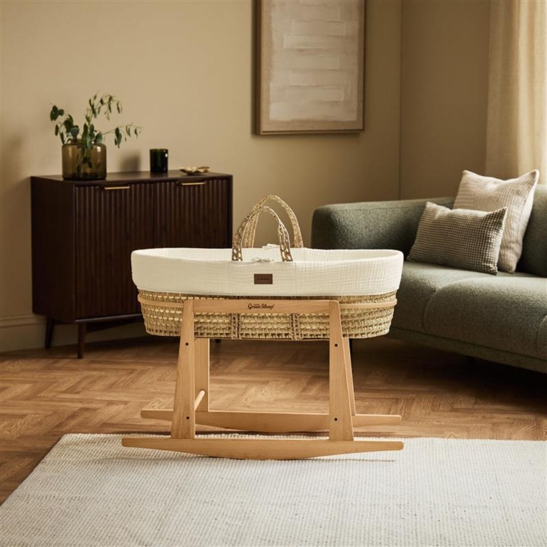 Little Green Sheep Cotton Muslin Moses Basket, Mattress & Natural Rocking Stand Ecru