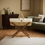 Little Green Sheep Cotton Muslin Moses Basket, Mattress & Walnut Foldable Stand Ecru