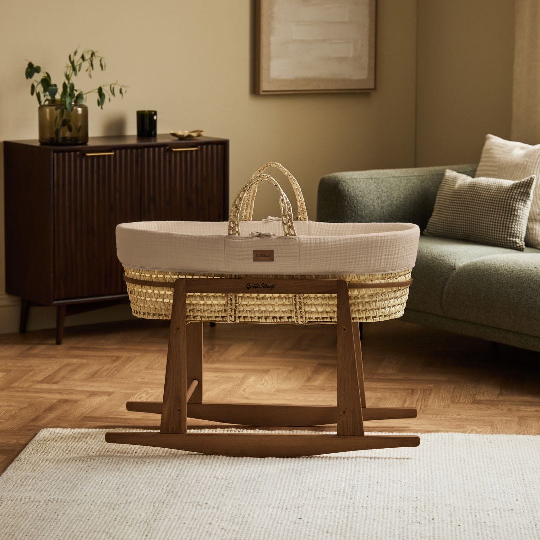Little Green Sheep Cotton Muslin Moses Basket, Mattress & Walnut Rocking Stand Truffle
