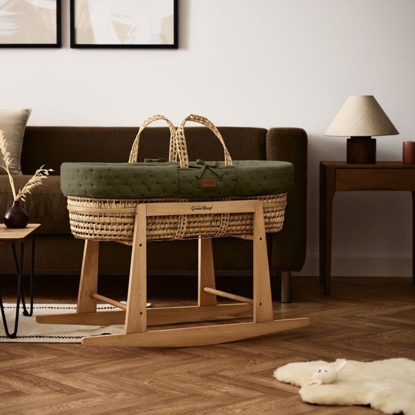 Little Green Sheep Organic Dimple Quilt Moses Basket, Mattress & Natural Rocking Stand Juniper