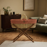 Little Green Sheep Organic Furrow Knit Moses Basket, Mattress & Walnut Foldable Stand Terracotta