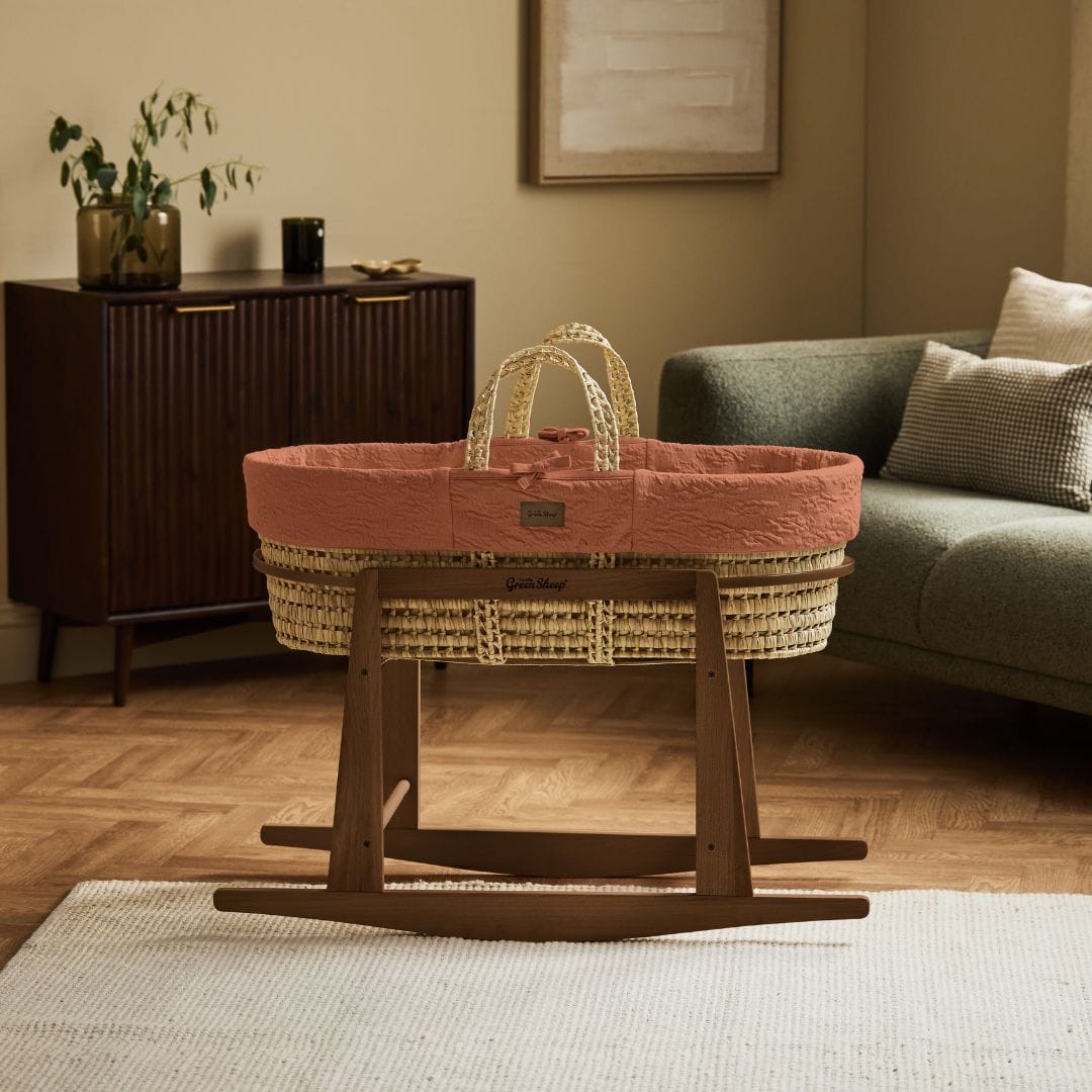 Little Green Sheep Organic Furrow Knit Moses Basket, Mattress & Walnut Rocking Stand Terracotta