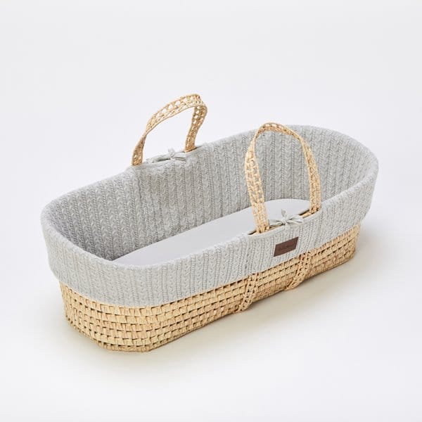 Little Green Sheep Organic Knitted Moses Basket, Mattress & Natural Rocking Stand Dove Grey