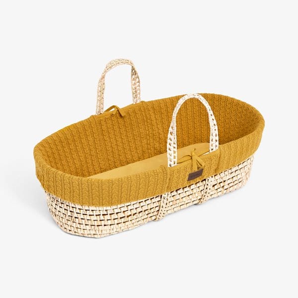 Little Green Sheep Organic Knitted Moses Basket, Mattress & Natural Rocking Stand Honey