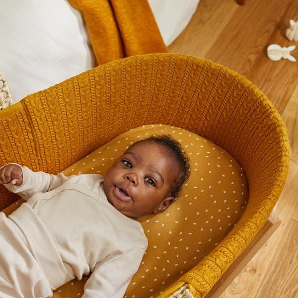 Little Green Sheep Organic Knitted Moses Basket, Mattress & Natural Foldable Stand Honey