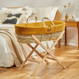Little Green Sheep Organic Knitted Moses Basket, Mattress & Natural Foldable Stand Honey
