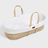 Little Green Sheep Organic Knitted Moses Basket, Mattress & Walnut Foldable Stand White