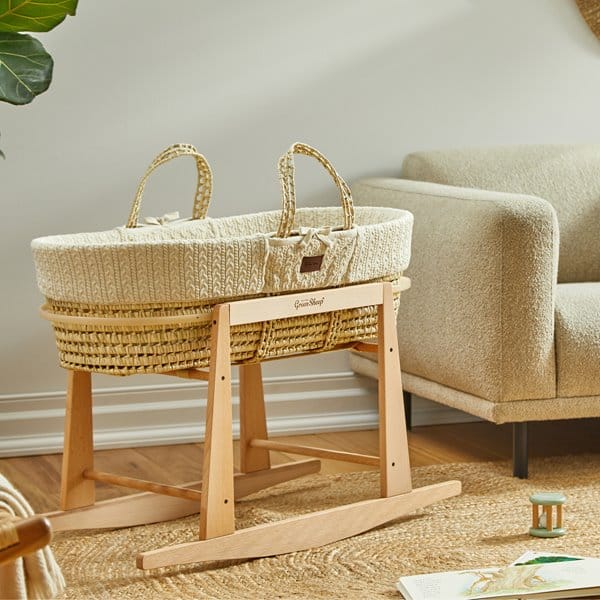 Little Green Sheep Organic Knitted Moses Basket, Mattress & Natural Rocking Stand Linen