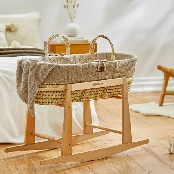 Little Green Sheep Organic Knitted Moses Basket, Mattress & Natural Rocking Stand Truffle