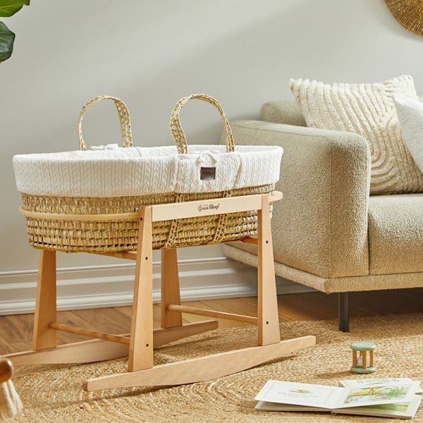 Little Green Sheep Organic Knitted Moses Basket, Mattress & Natural Rocking Stand White