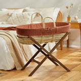Little Green Sheep Organic Knitted Moses Basket, Mattress & Walnut Foldable Stand Terracotta