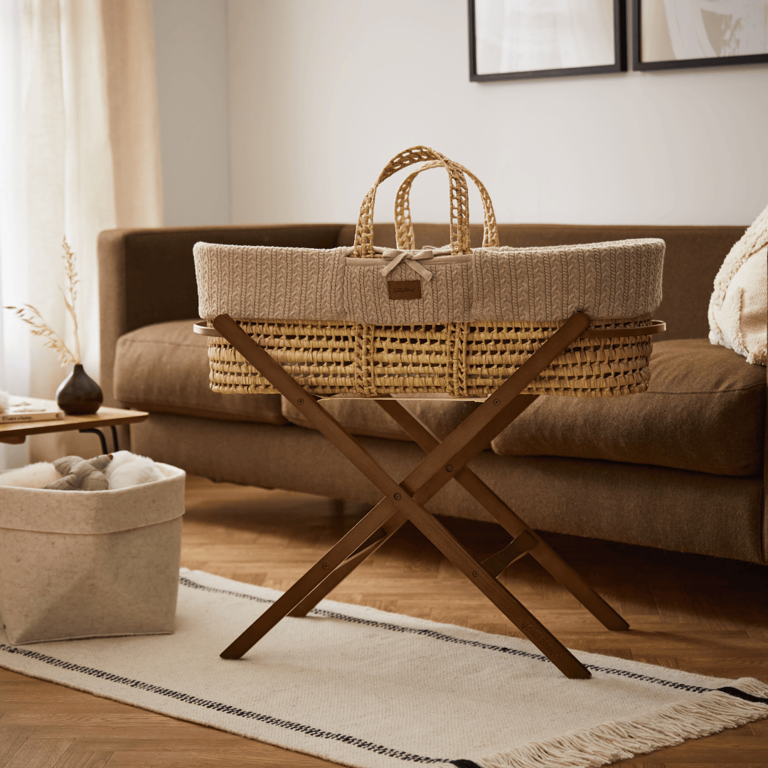 Little Green Sheep Organic Knitted Moses Basket, Mattress & Walnut Foldable Stand Truffle
