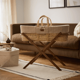 Little Green Sheep Organic Knitted Moses Basket, Mattress & Walnut Foldable Stand Truffle