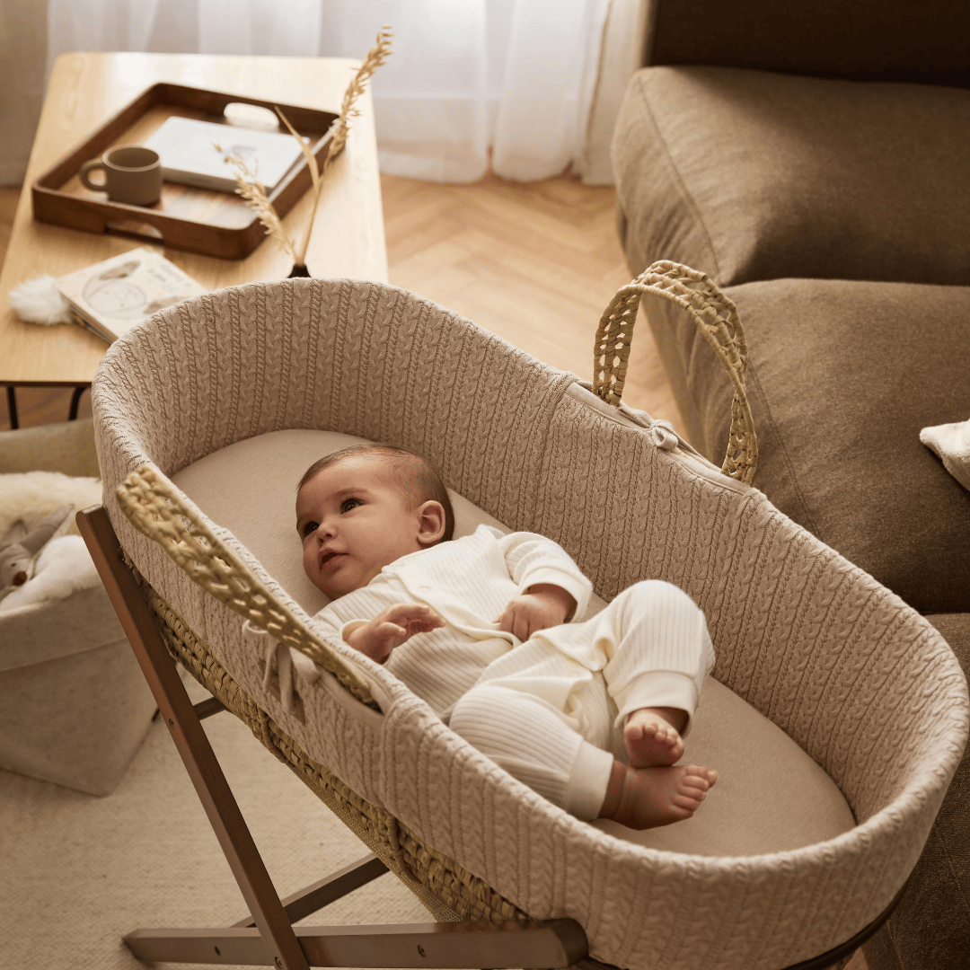 Little Green Sheep Organic Knitted Moses Basket, Mattress & Walnut Foldable Stand Truffle