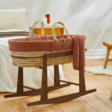 Little Green Sheep Organic Knitted Moses Basket, Mattress & Walnut Rocking Stand Terracotta