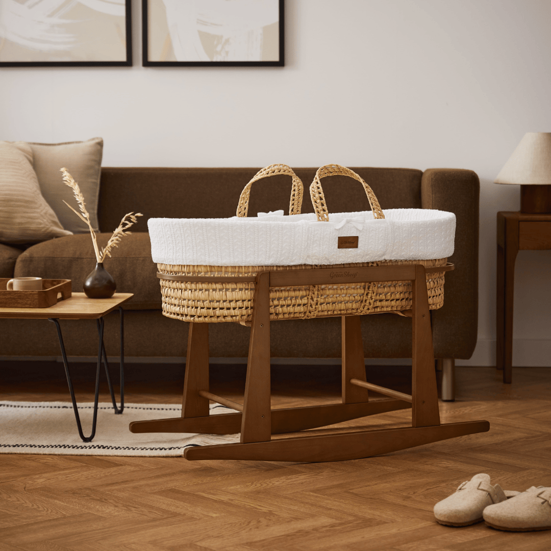 Little Green Sheep Organic Knitted Moses Basket, Mattress & Walnut Rocking Stand White