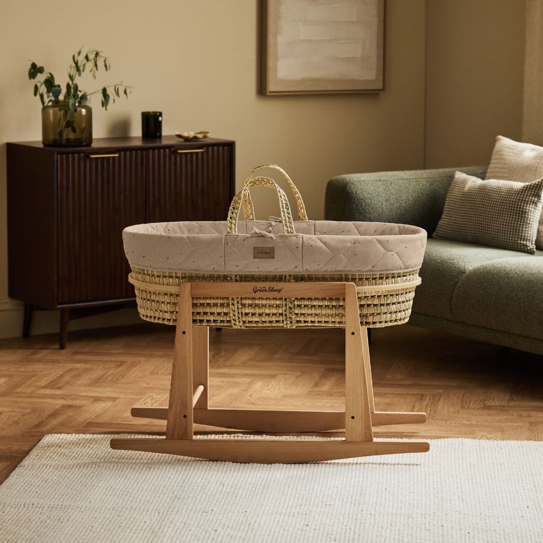 Little Green Sheep Organic Quilt Moses Basket, Mattress & Natural Rocking Stand Truffle with Cocoa Rice