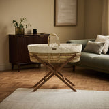 Little Green Sheep Organic Quilt Moses Basket, Mattress & Walnut Foldable Stand Linen with Cocoa Rice