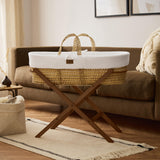 Little Green Sheep Organic Wheat Knit Moses Basket, Mattress & Walnut Foldable Stand White
